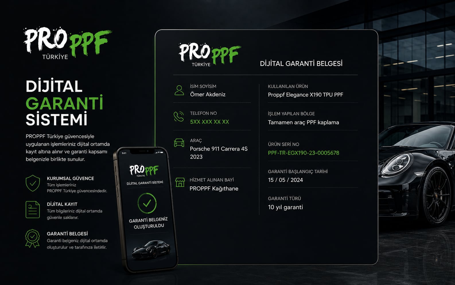 PROPPF dijital garanti belgesi — telefon üzerinden görüntülenen garanti kaydı